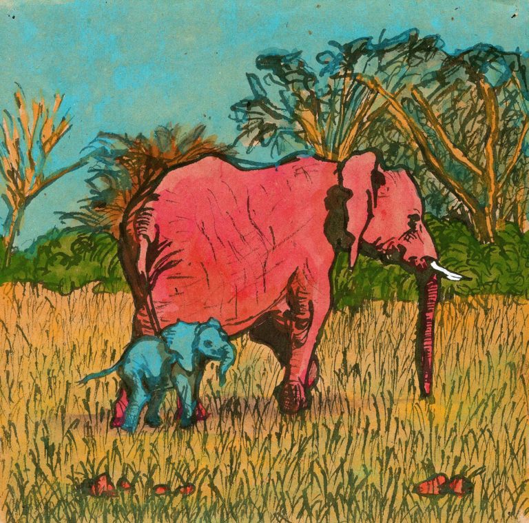 Fjollet tegning af lyserød elefant med lyseblå elefantunge